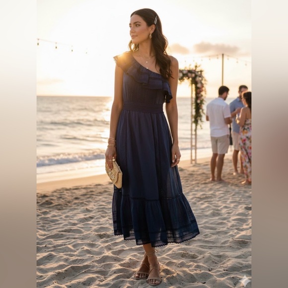 Anthropologie Velvet by Graham & Spencer One-Shoulder Lace Midi Dress Small blue - Picture 3 of 12